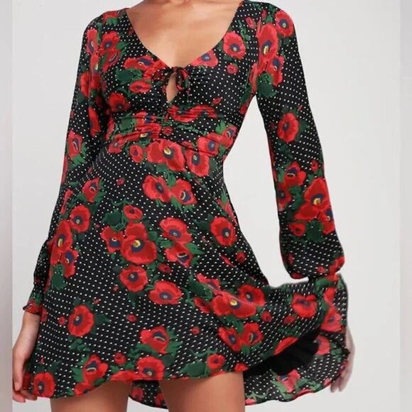 FREE PEOPLE Morning Light Midi Dress in Black Poppy Floral/Polka Dot - Picture 2 of 7